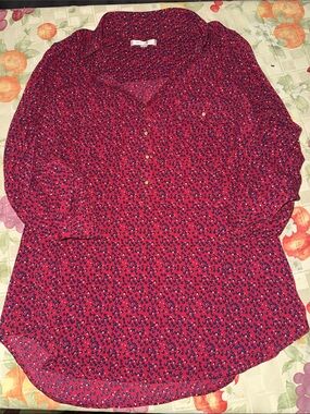 Red Printed Button-Up Blouse